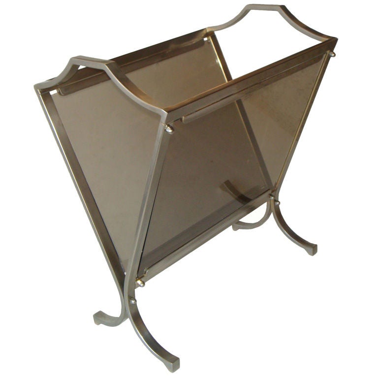 French Mid-Century Modern Steel & Smoked Glass Magazine Rack, Maison Jansen