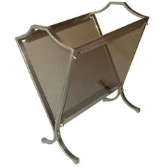 French Mid-Century Modern Steel & Smoked Glass Magazine Rack, Maison Jansen