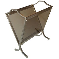 Maison Jansen French Mid-Century Modern Steel  & Smoked Glass Magazine Rack 1965