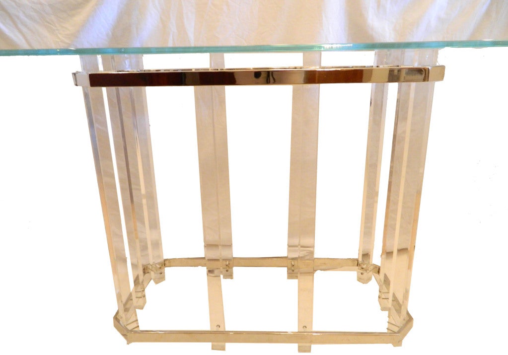 Large  American Glass Top lucite Console  with 2 Chrome straps. Base Measurements :16