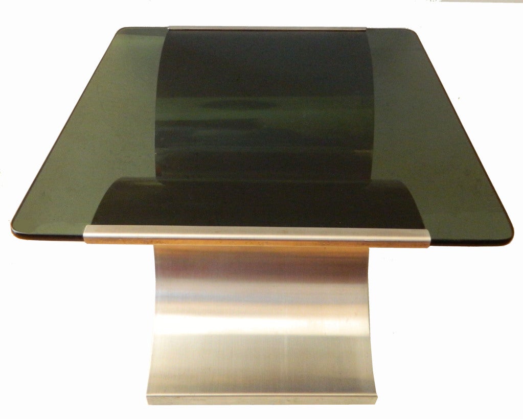 Late 20th Century Francois Monnet French Brushed Steel Smoked Glass Side Table Mid-Century Modern