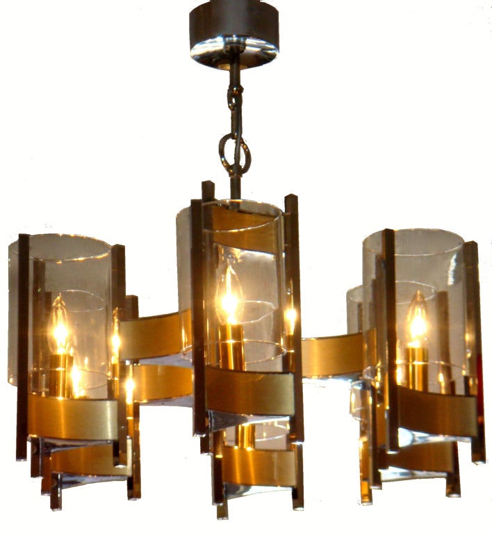 Italian chandelier signed Sciolari Roma. Brush brass, chrome and round glass shades. Six lights.
Matching sconces available.