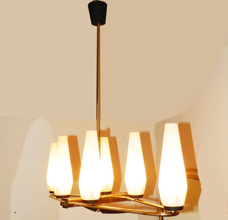 Mid-Century Modern Italian Chandelier Stilnovo Style Cone Blown Opaline Glass Shades 1960