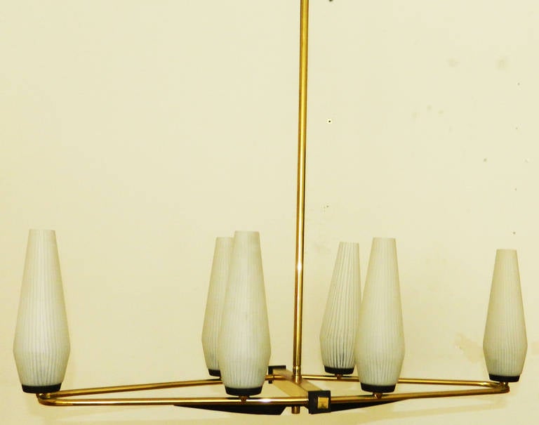 Italian Chandelier Stilnovo Style Cone Blown Opaline Glass Shades 1960 In Good Condition In Miami, FL
