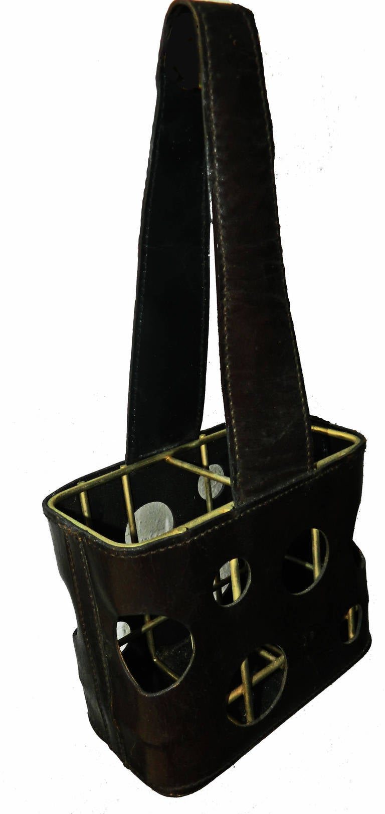 Jacques Adnet bottle holder in black stitched faux leather and brass.