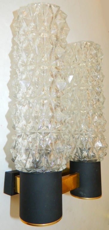 Mid-Century Modern Pair of 1960 French Sconces,  Wall Lights Bass & Crystal Shades 1955  For Sale