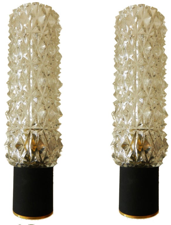 Mid-20th Century Pair of 1960 French Sconces,  Wall Lights Bass & Crystal Shades 1955  For Sale