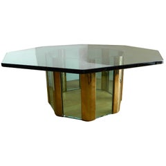 PACE Table basse octogonale moderne du milieu du siècle en verre et laiton, plateau en verre lourd