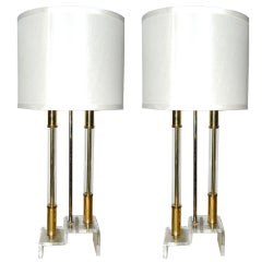 Pair of Lucite and Brass Table Lamps