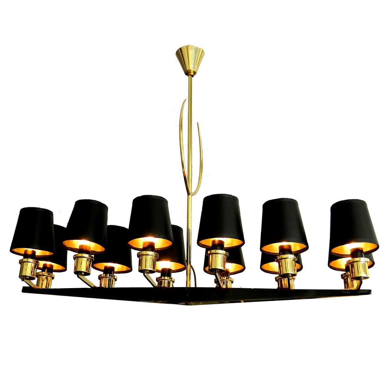 French 12 Light Chandelier Two Patina Brass by Maison Arlus 1950