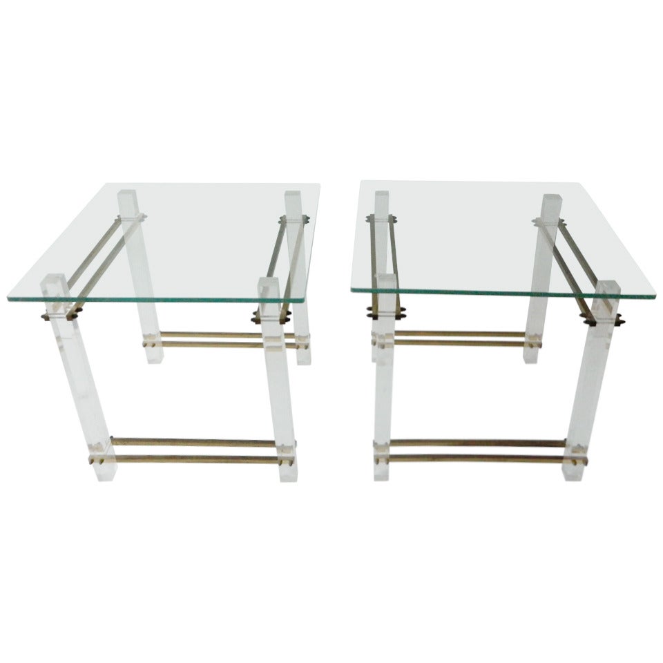Mid-Century Modern Lucite, Brass, Glass & Side, End Table, Bedside Tables - Pair