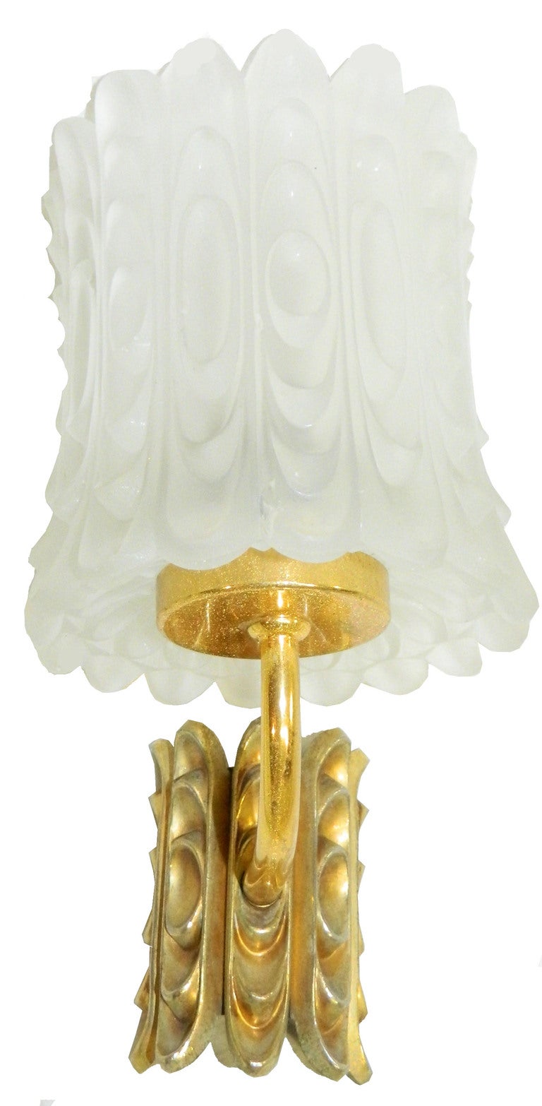 20th Century Art Deco French Gilt Bronze & Frosted Art Glass Shades Sconces Wall Lights, Pair For Sale