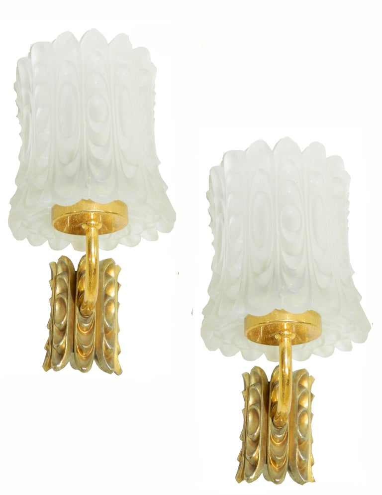 Art Deco French Gilt Bronze & Frosted Art Glass Shades Sconces Wall Lights, Pair For Sale