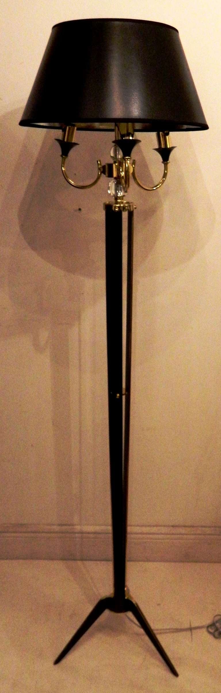 Pair of Maison Jansen floor lamp with three lights, two patinas gun metal and brass.
Three bulbs 100w each.
US wired and in working condition.
Shade: 17
