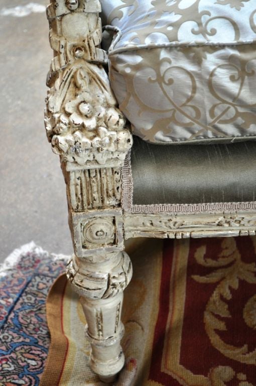 Wood Carved, Gray and Silver Arm Chair For Sale