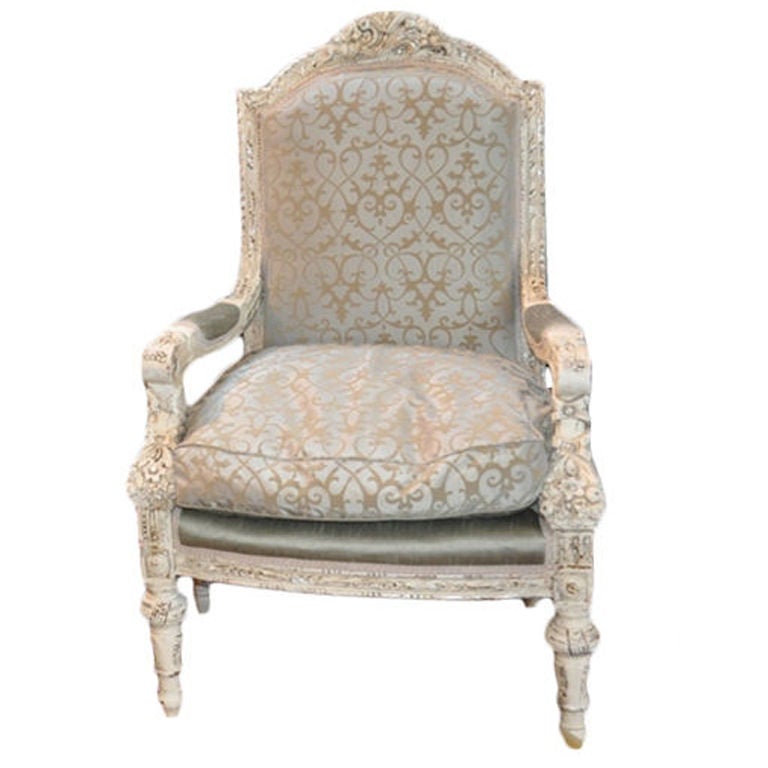 Carved, Gray and Silver Arm Chair For Sale