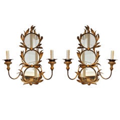 Pair of 20th C Italian Triple Mirror Sconces with Gold Leaves Pair of 20th C Italian Triple Mirror Sconces with Gold Leaves