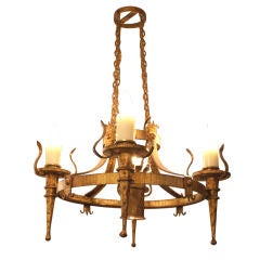 Antique Early 20th C Spanish Gold Circle Chandelier