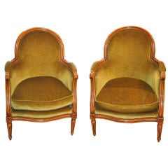 19th C French Pair of Green Velvet Bergeres