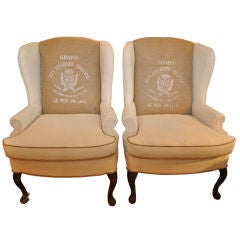 Pair of Used English Queen Ann Wingbacks with new upholstery