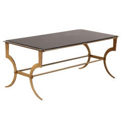 Stylish 1940s French Bronze Coffee Table with Black Glass Top