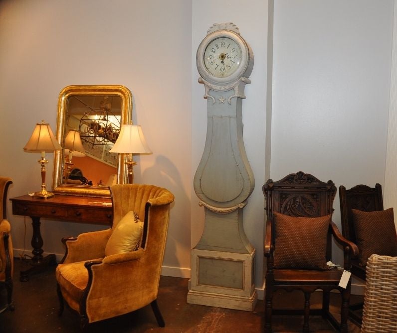 Antique Swedish Mora Milk-Paint Blue Tall Clock