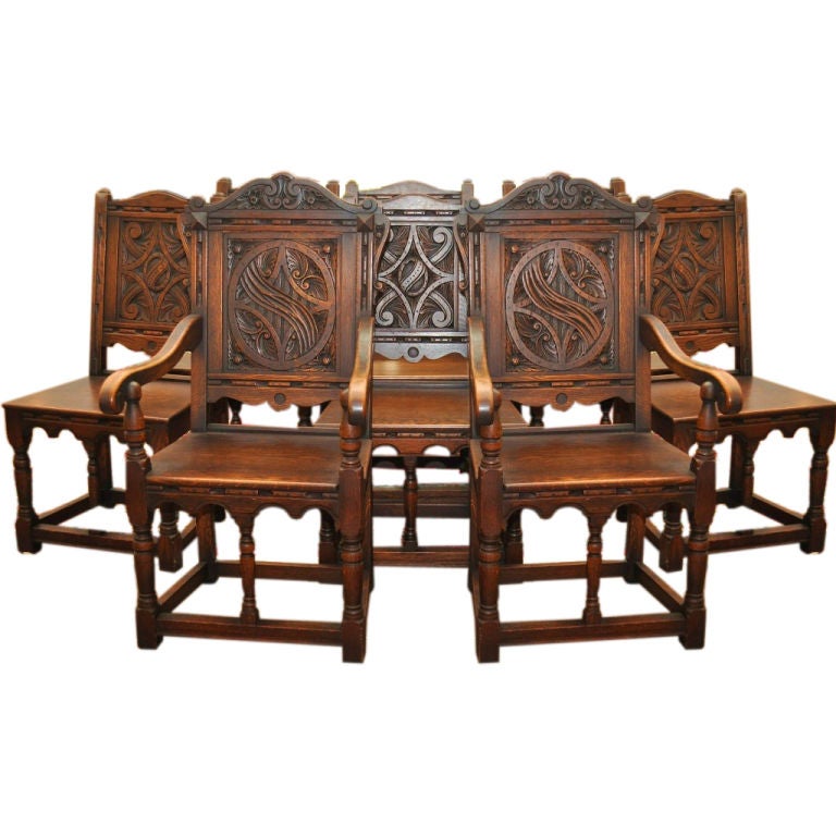 1890-1910 English set of 8 Carved Chairs including 2 Arm Chairs For Sale