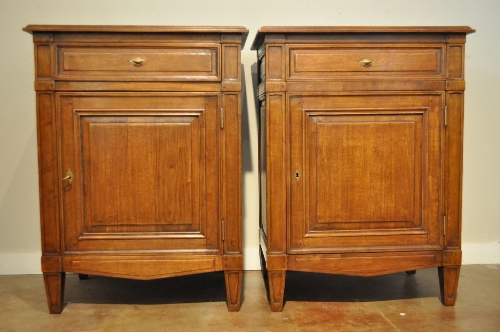 French Reproduction Walnut Directoire Nightstands. Made in France. Excellent work and fine finish.