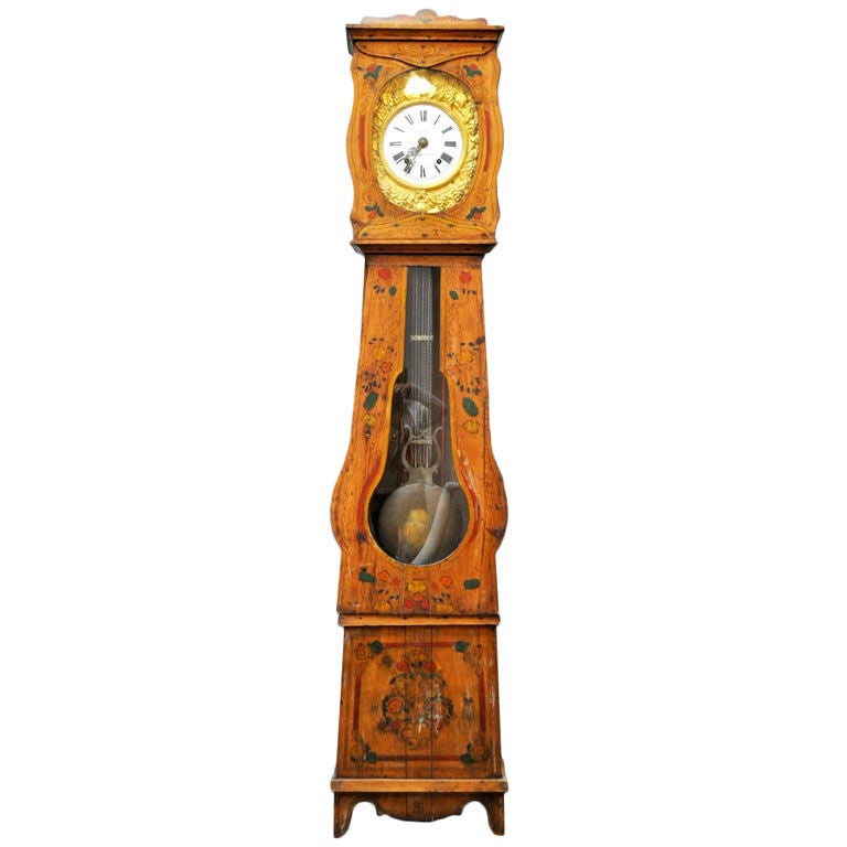 French Tall Painted 8 Day Clock with Key For Sale