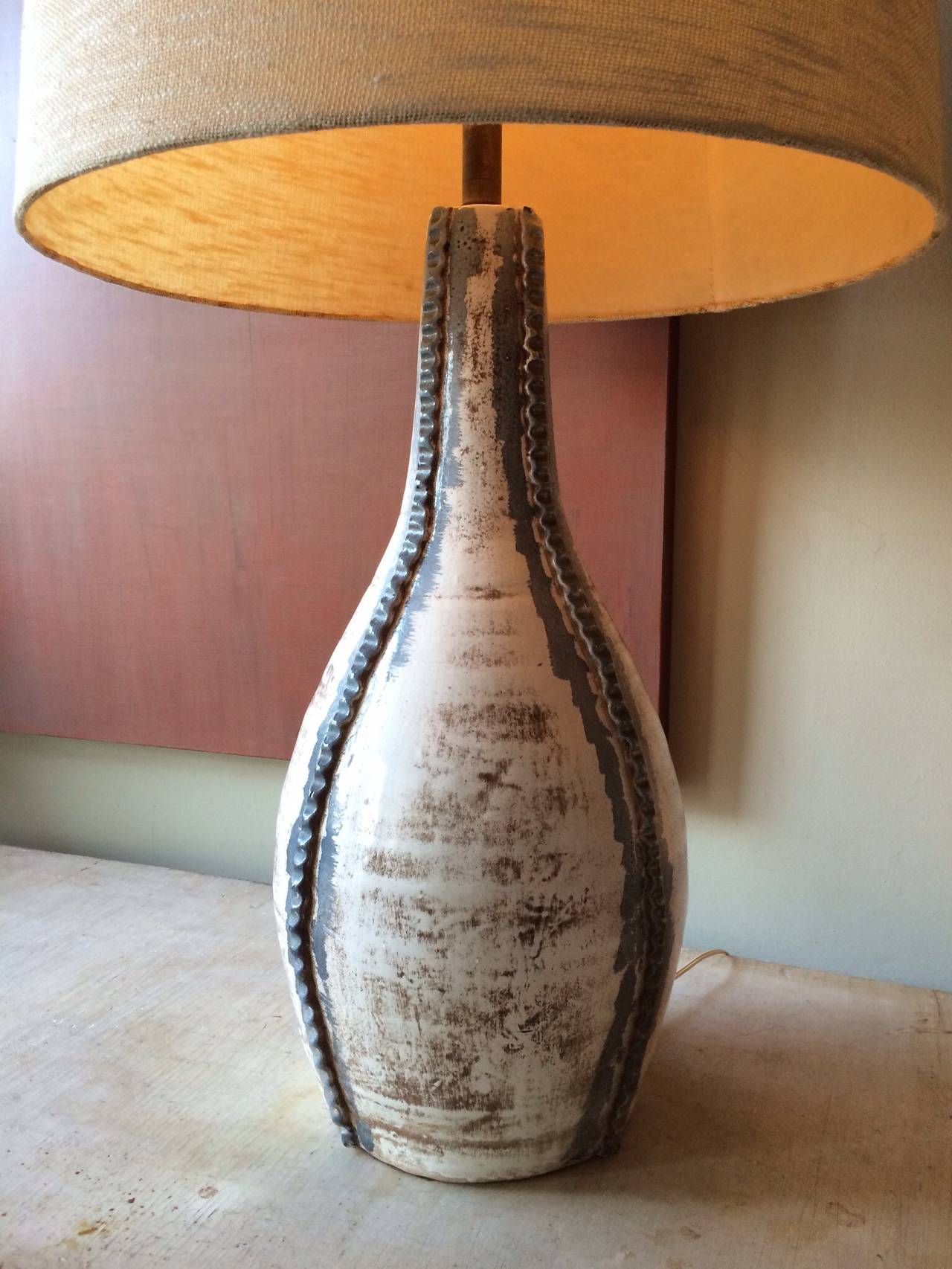 A rare large Mid-Century Modern lamp by noted Los Angeles African-American ceramic artist, Tony Hill (1908-1975).