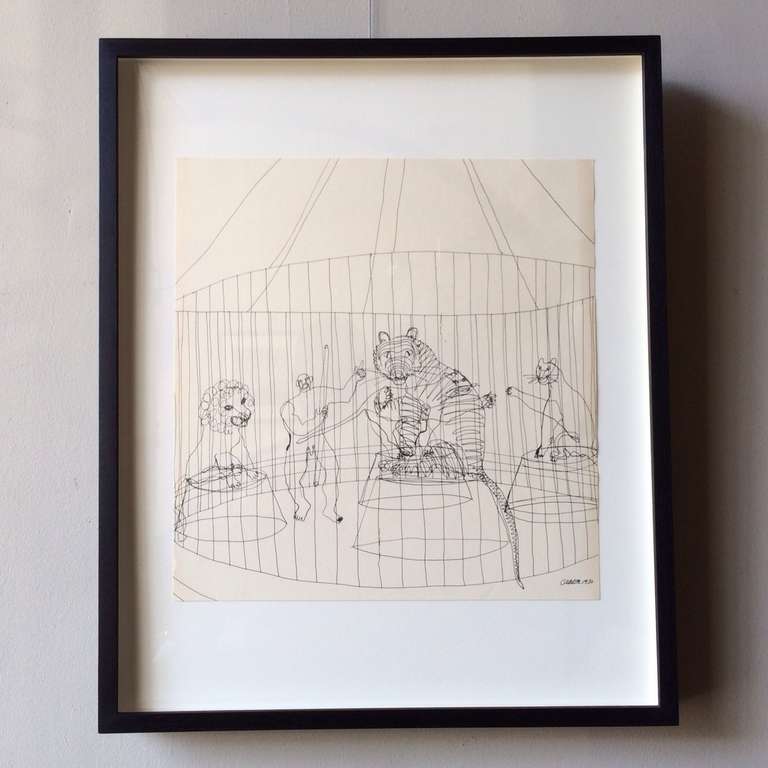 A framed lithograph of Calder's playful pen & ink Circus drawing, The Wild Beast Cage, 1932, on wove paper, from the original drawing found in his studio and printed in a small edition in 1964.

The Original, at The Whitney Museum of American Art,