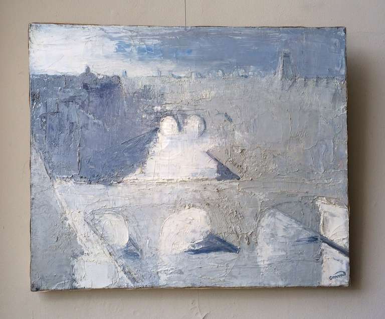 A mid 20th century moody blue gray oil on linen painting of the Paris skyline and bridges. Signature illegible