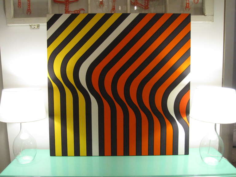 American “Ripples” 1970s Orange & Yellow Framed Fabric Wall Hanging For Sale