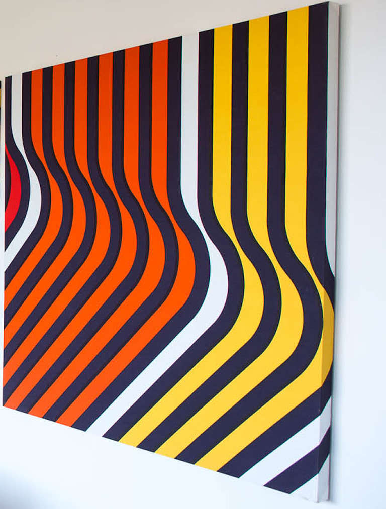 Mid-Century Modern “Ripples” 1970s Orange & Yellow Framed Fabric Wall Hanging For Sale