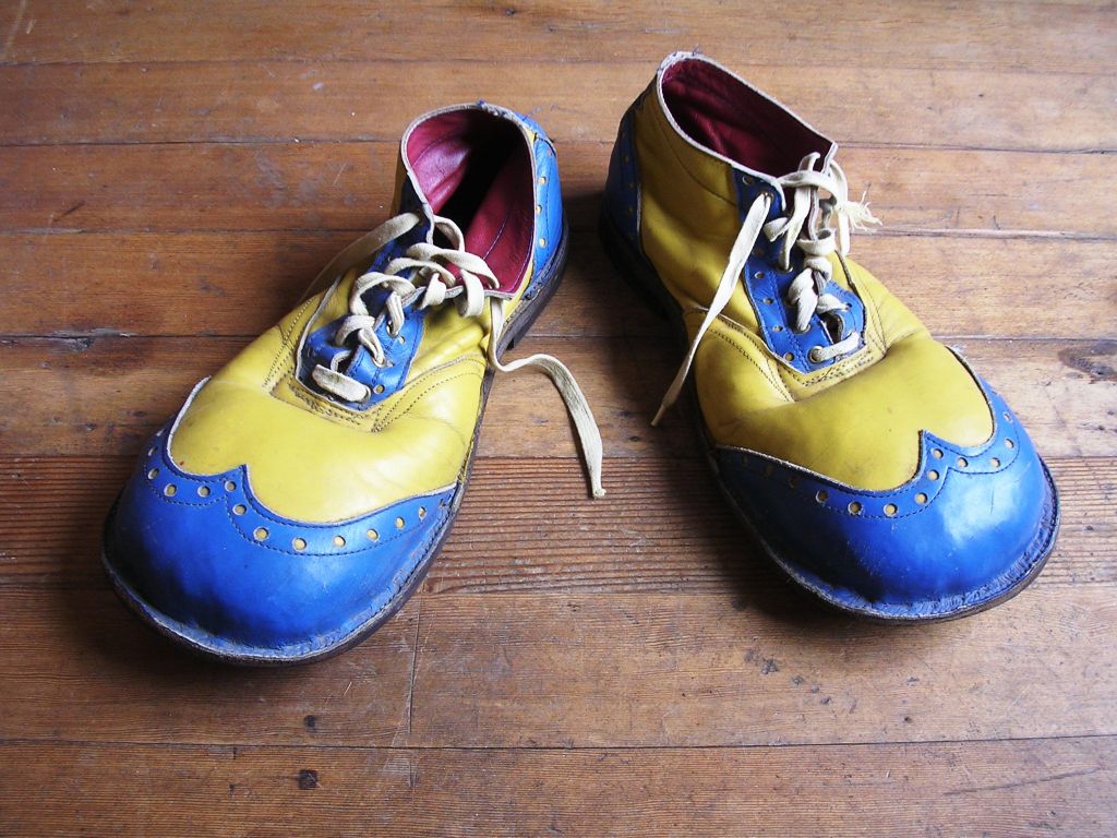 A colorful leather pair of vintage clown shoes