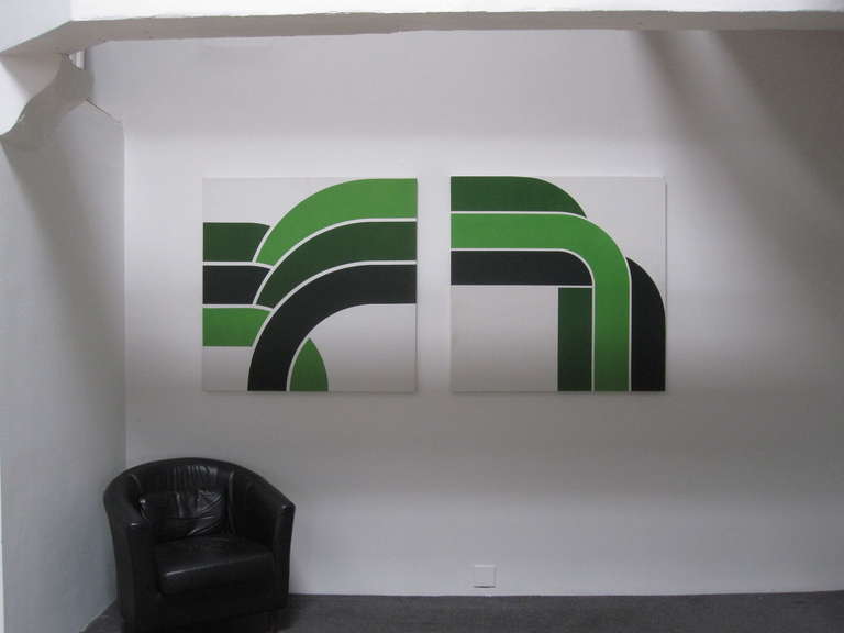 Mid-Century Modern 1970s Large Bold Graphic Canvas Art Set in Greens For Sale