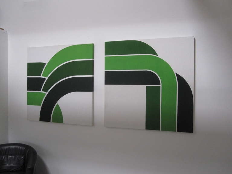 American 1970s Large Bold Graphic Canvas Art Set in Greens For Sale