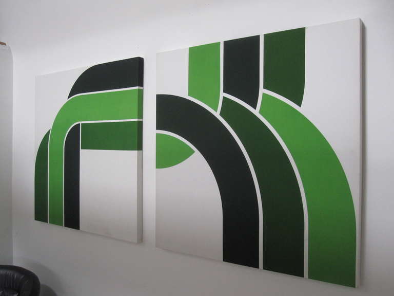 1970s Large Bold Graphic Canvas Art Set in Greens In Good Condition For Sale In San Francisco, CA
