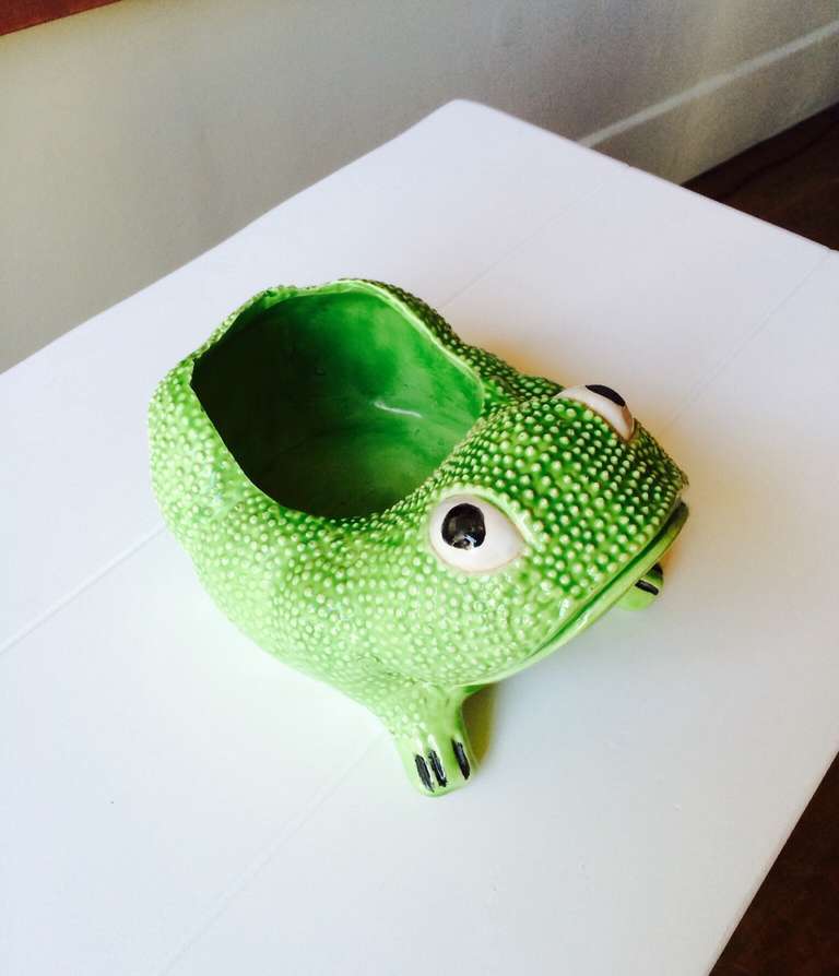French Glazed Earthenware Frog Planter, Signed Jean Roger, Paris, circa 1970s In Excellent Condition In San Francisco, CA