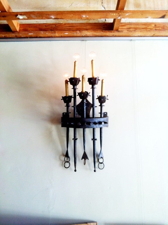 20th Century Set of Four Large Brutalist Iron Wall Sconces