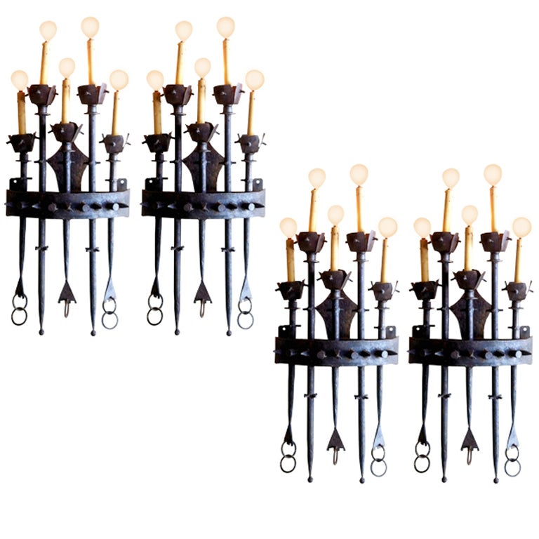 Set of Four Large Brutalist Iron Wall Sconces