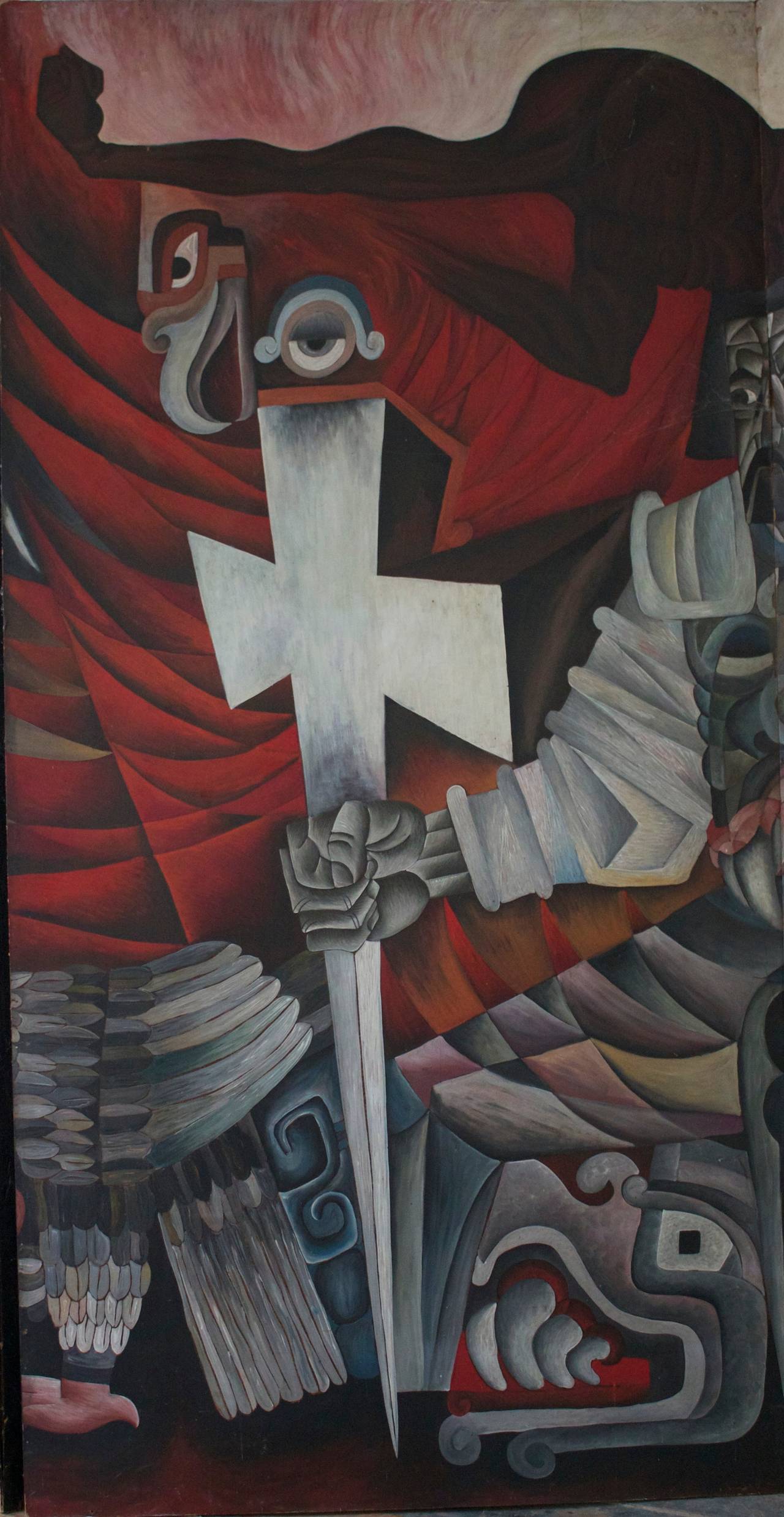 20th Century Cortez: The Conquest of Mexico Four-Panel Screen Painting For Sale
