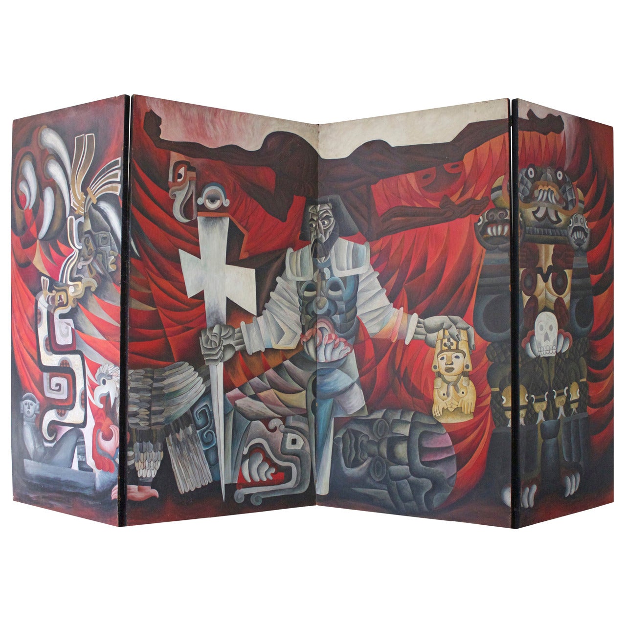 Cortez: The Conquest of Mexico Four-Panel Screen Painting For Sale
