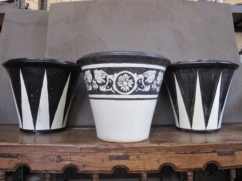 Mexican Black and White Glazed Flower Pots at 1stdibs