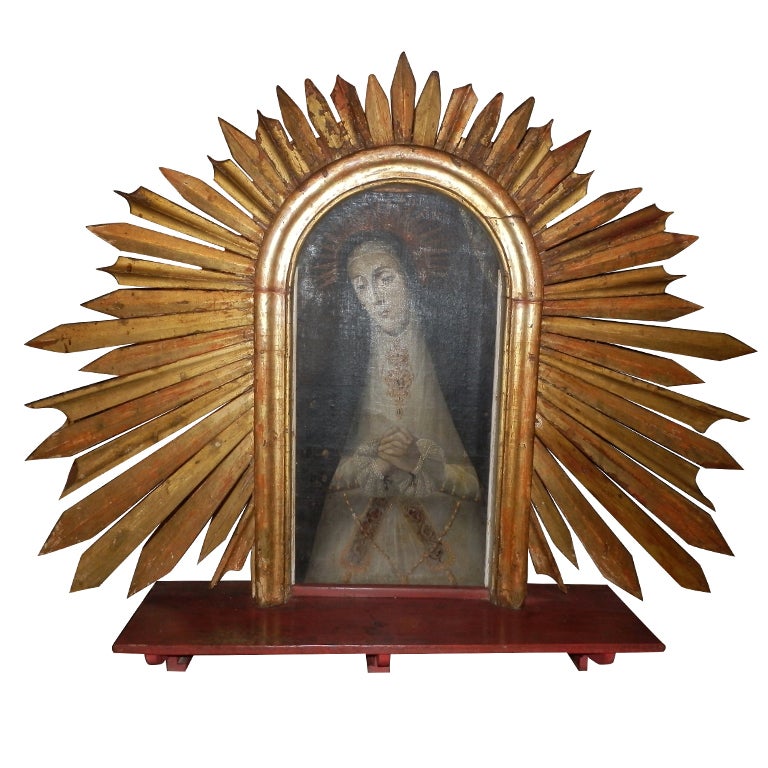 Spanish Colonial Our Lady of Sorrows Painting w/Sunburst Frame