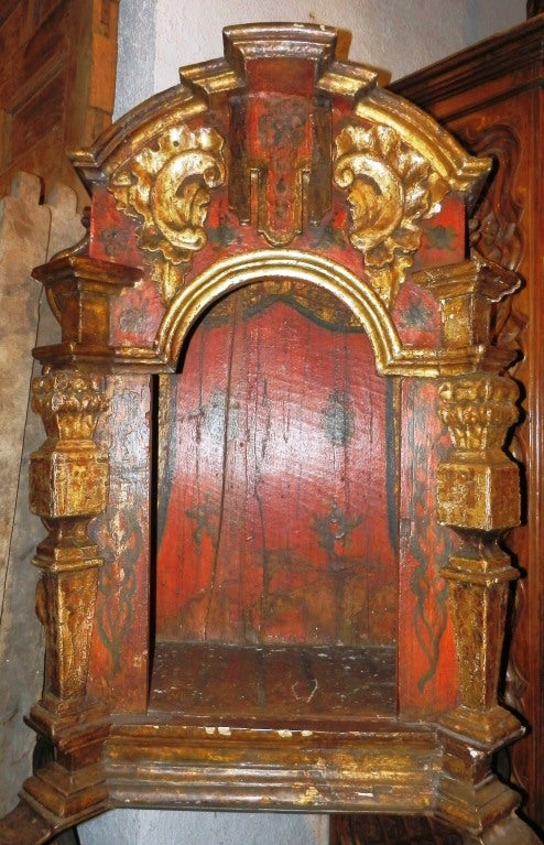 Unusual polychrome gilt Mexican nicho.  Door can be taken off.