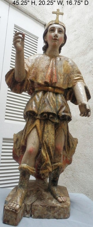 Mexican XVIII C Spanish Colonial Polychrome Archangel with Leather Crown