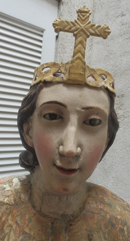 Wood XVIII C Spanish Colonial Polychrome Archangel with Leather Crown