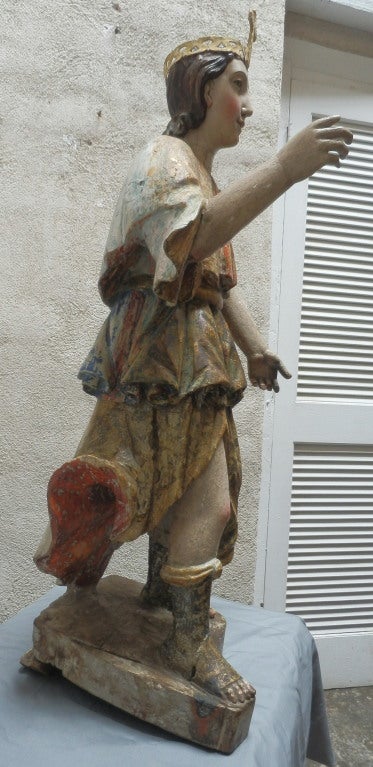 XVIII C Spanish Colonial Polychrome Archangel with Leather Crown In Good Condition In Nogales, AZ