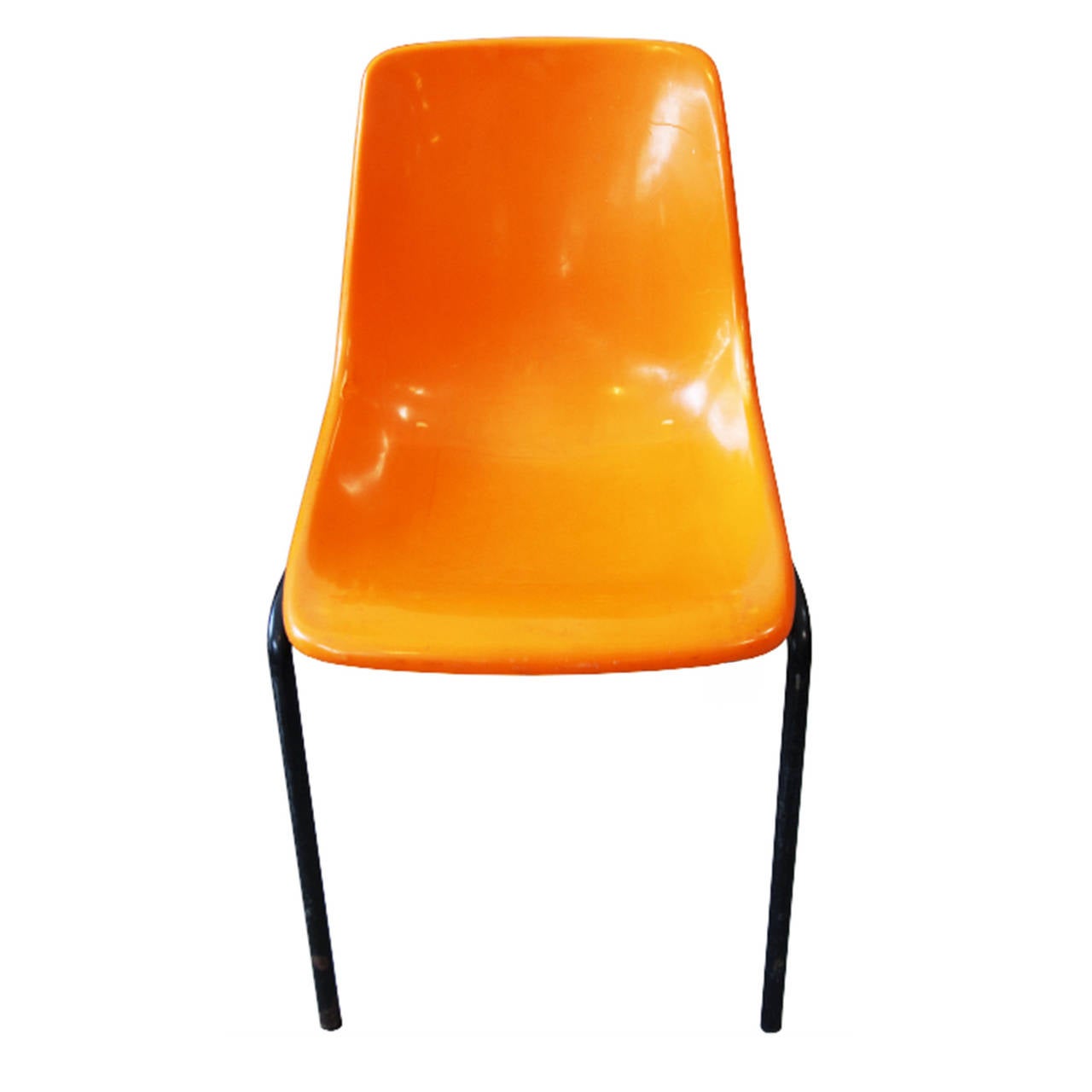 Set of 12 vintage mid century orange plastic and black painted metal stackable chairs from the French National Guard. Circa 1970